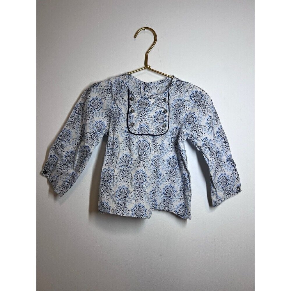 Jacadi Girls Long Sleeve Floral Blouse White Blue 36 Months